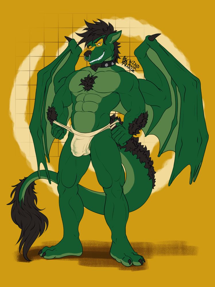 An anthro green western dragon pulls on a tight cream jockstrap which just about covers their penis and balls. They're looking at the viewer with a cocky grin.