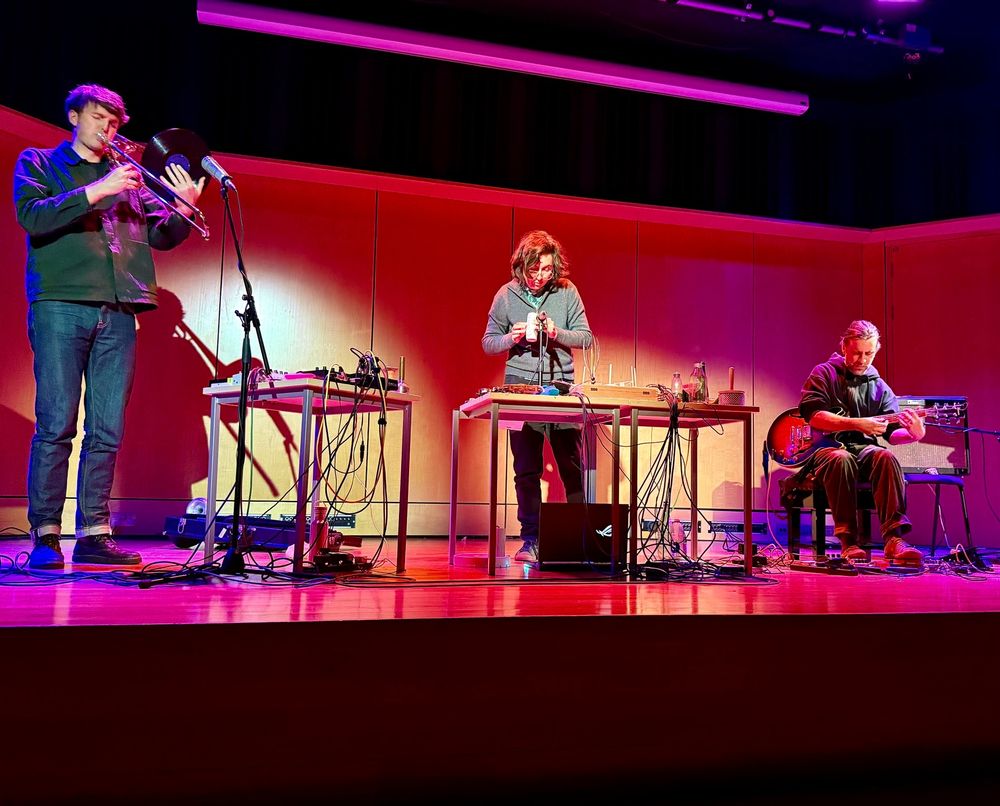 Photo by Jonathan Crabb - Tullis Rennie (trombone), Kate Carr (objects, electronics) and David Birchall (guitar) live onstage at City St Georges. 