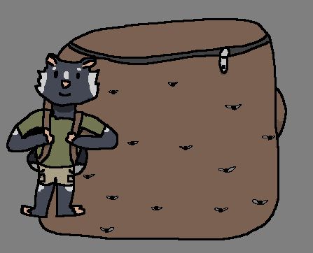 A drawing of a skunk character with a giant backpack filled with bugs 