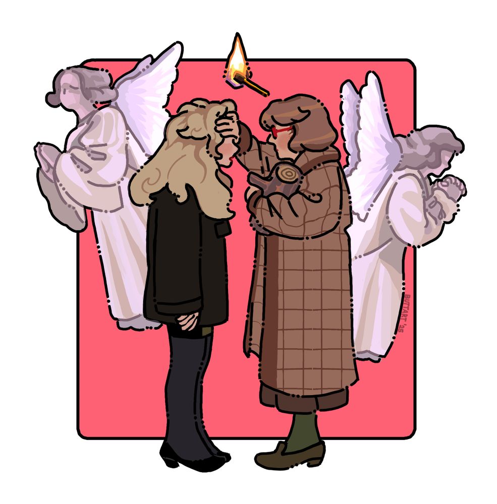 From the movie Fire Walk With Me: Laura Palmer stands in front of the Log Lady, both in profile, with the latter's hand touching the former's forehead. A lit match is hovering above them at center, and they are flanked by praying angels at both sides. A bright reddish square is behind them.