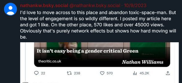 Screenshot of one of Nathan Williams / nathankw.bsky.social's posts, showing one of their articles titled "It isn't easy being a gender critical Green." The post itself is complaining that they want to change from Twitter to Bsky, but that people here don't like gender critical posts as much here as they do there.