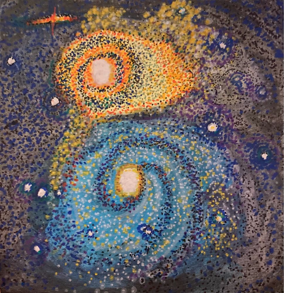 Two galaxies colliding. Acrylic on canvas. Andrew_F_Smith 2024.