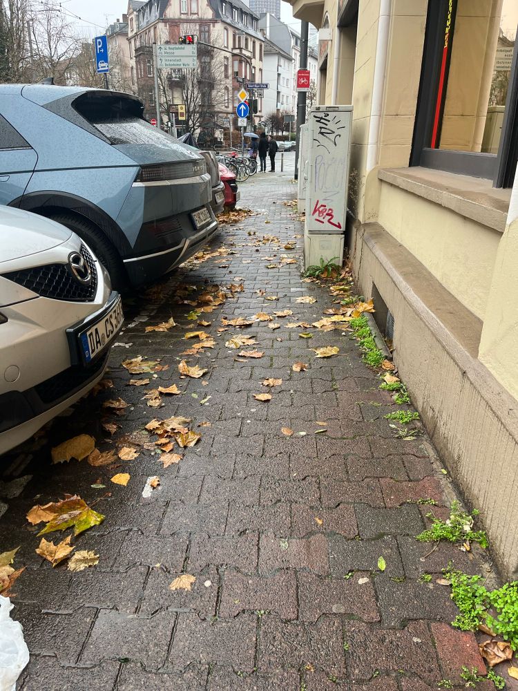 Vier Bilder: entlang eines innerstädtischen Gehwegs fotografiert. Rechts Hauswand, links Autos in queraufstellung. Man sieht fast nur blech. 