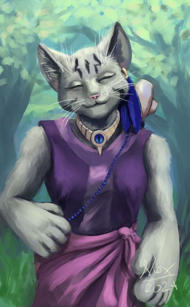 A happy fantasy cat girl smiles at the camera.