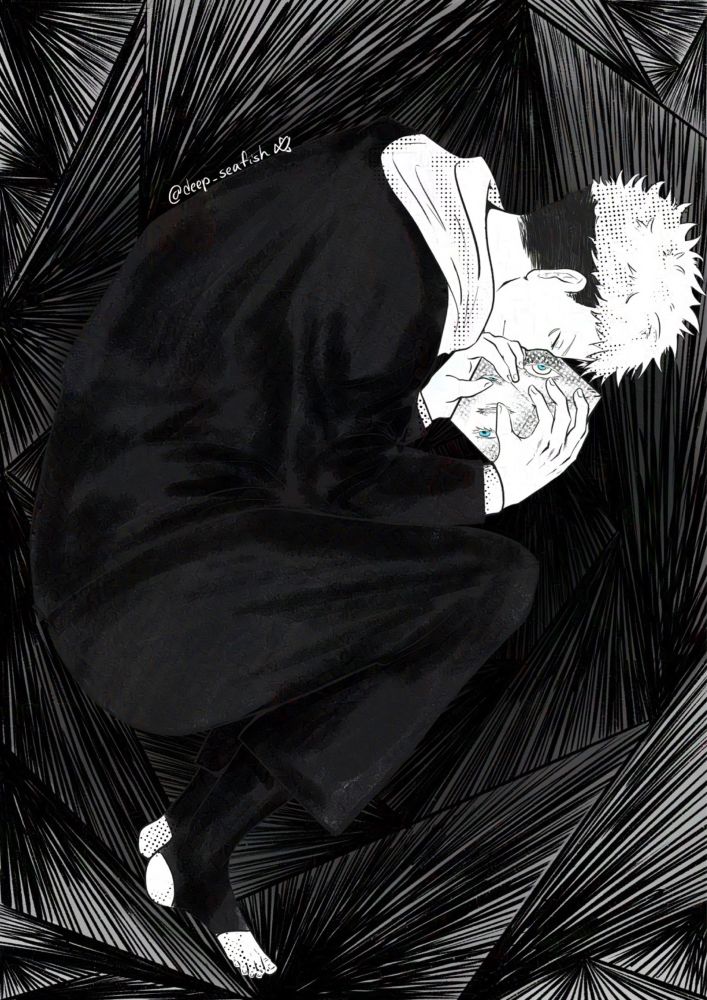 black and white drawing of yuuji curled up and clutching the prison realm