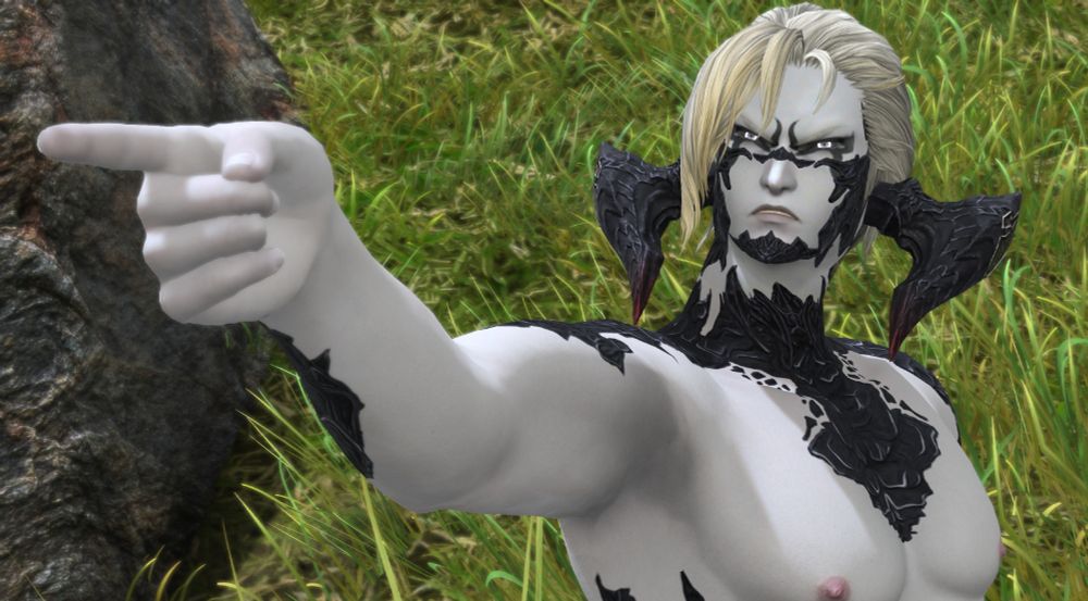 A pale ashen-blonde haired au ra man with black horns stands shirtless, showing the extensive black scales that cover his body, a hand raised and pointing accusatorily as he bears his teeth.