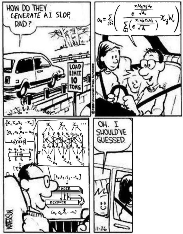 A Calvin and Hobbes comic with four panels. In the first panel Calvin asks his dad "How do they generate AI slop, dad?" to which his dad answers with a complicated formula describing how AI models work in the following two panels. Afterwards in the last panel Calvin responds by saying "Oh. I should've guessed."