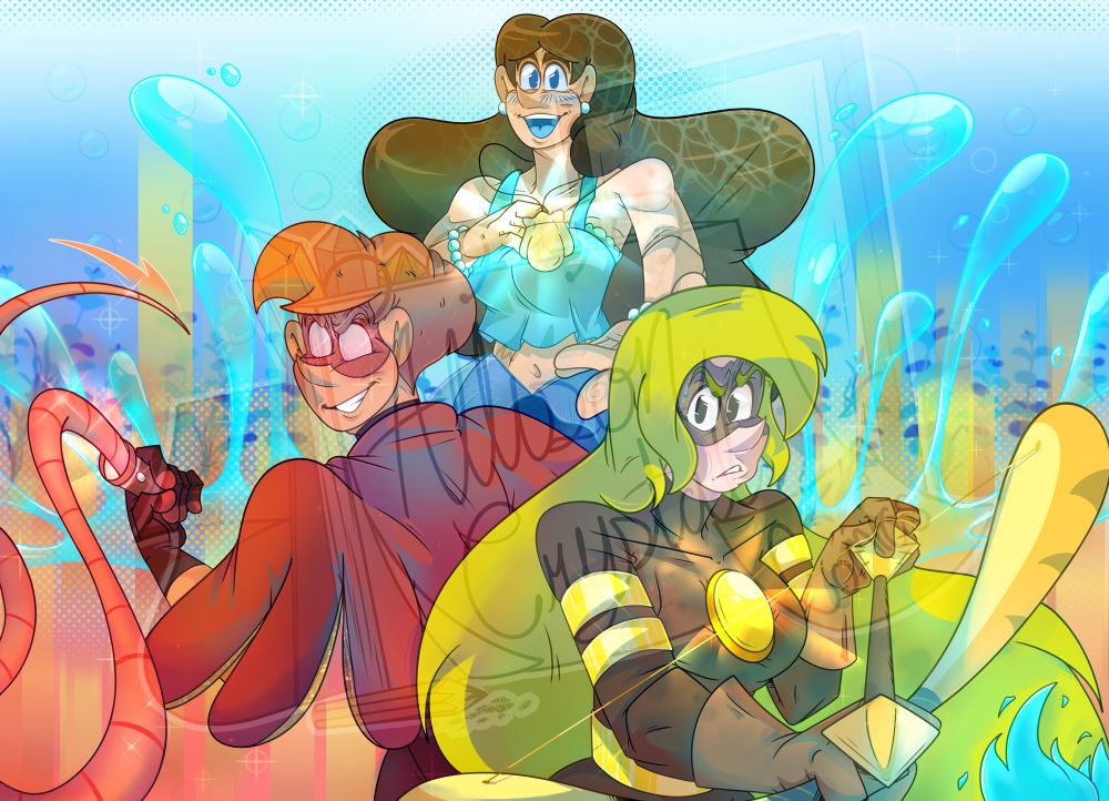 Drawing of my characters (L to R) Robyn, Aqua, and Amber Deer, for my banners on Bluesky and tumblr