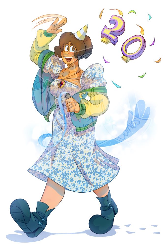 A drawing of me walking as I throw 2 and 0 candles and confetti behind me