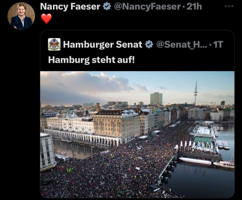Nancy Faeser• 21h repostet mit rotem Herz

 Hamburger Senat v
 Hamburg steht auf!
