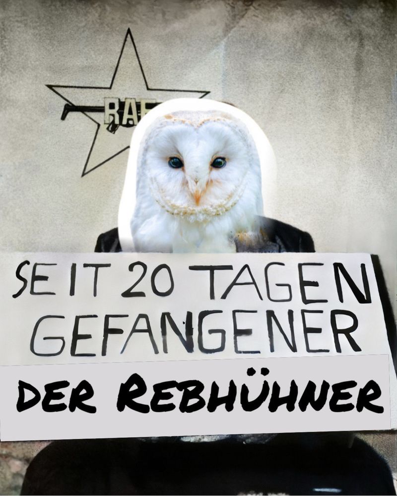 Eine Eule mit einem menschlichen Oberkörper, die ein Schild hält. Auf dem Schild steht in großen Buchstaben: 