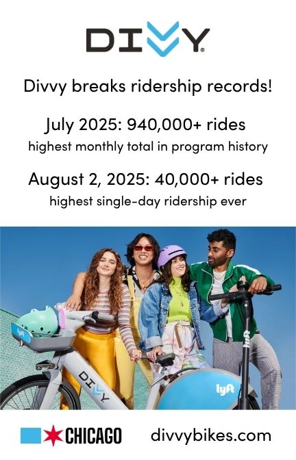 Divvy breaks ridership records! 
- July 2025: 940,000+ rides – highest monthly total in program history
- August 2, 2025: 40,000+ rides – highest single-day ridership ever. 

At the bottom is a photo of four smiling people posing with Divvy and Lyft-branded bikes and scooters. Logos for the City of Chicago and divvybikes.com 