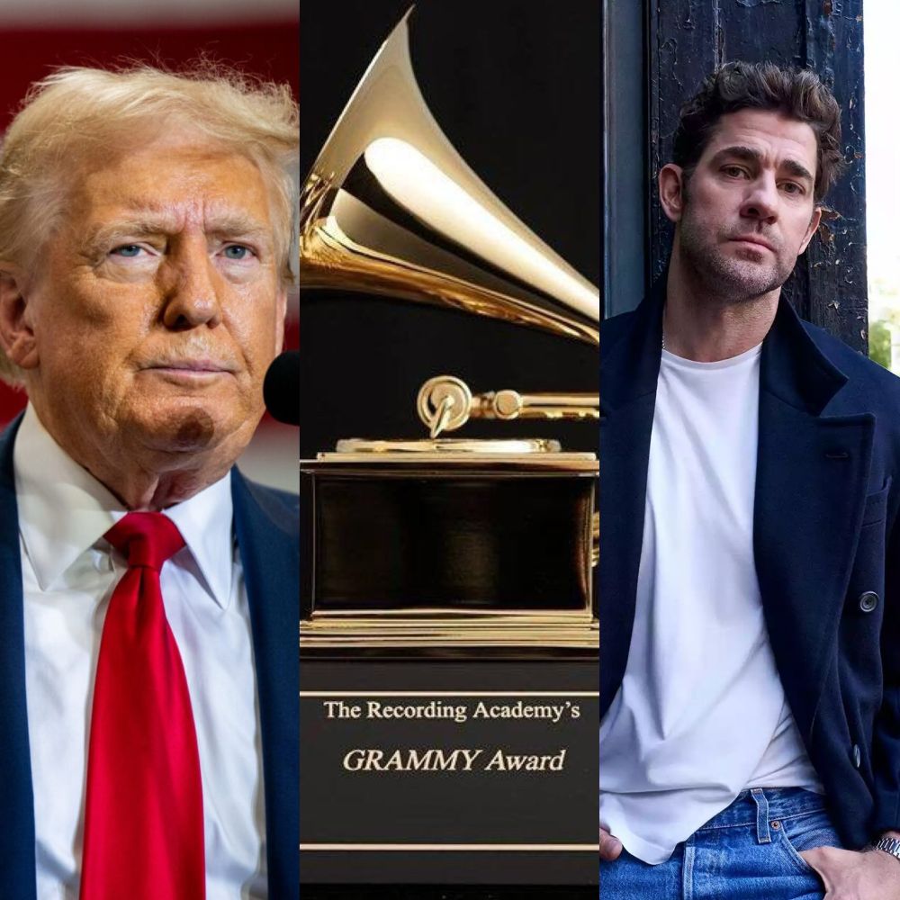 Collage of Donald Trump, a Grammy award and John Krasinski.