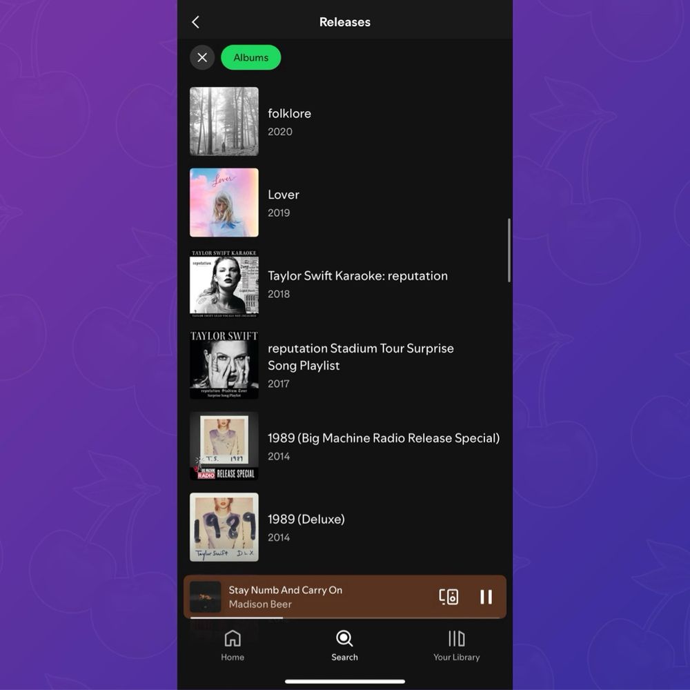 Spotify discography for Taylor Swift where ‘reputation’ is notably not included.