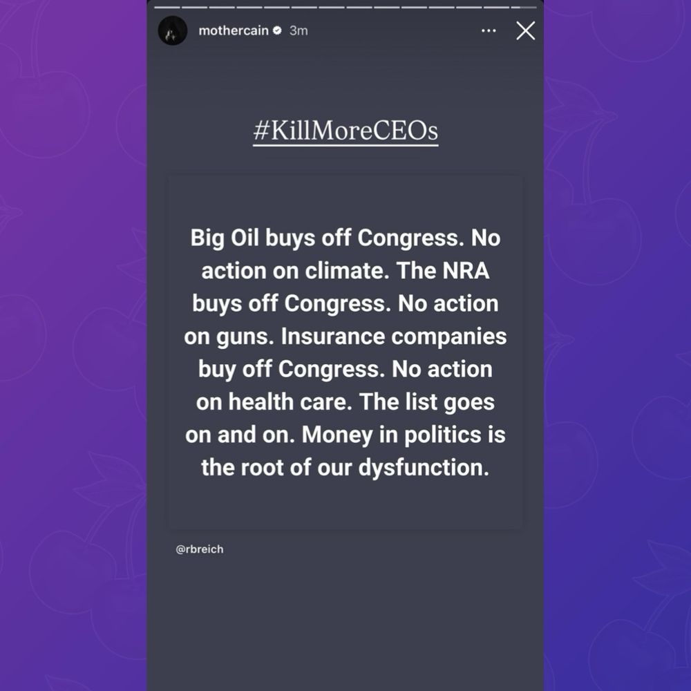 Ethel Cain reposts statement made by Instagram user @rbreich:

“Big Oil buys off Congress. No action on climate. The NRA buys off Congress. No action on guns. Insurance companies buy off Congress. No action on health care. The list goes on and on. Money in politics is the root of our dysfunction.”

Ethel Cain adds to the statement by saying “#Kill More CEOs”