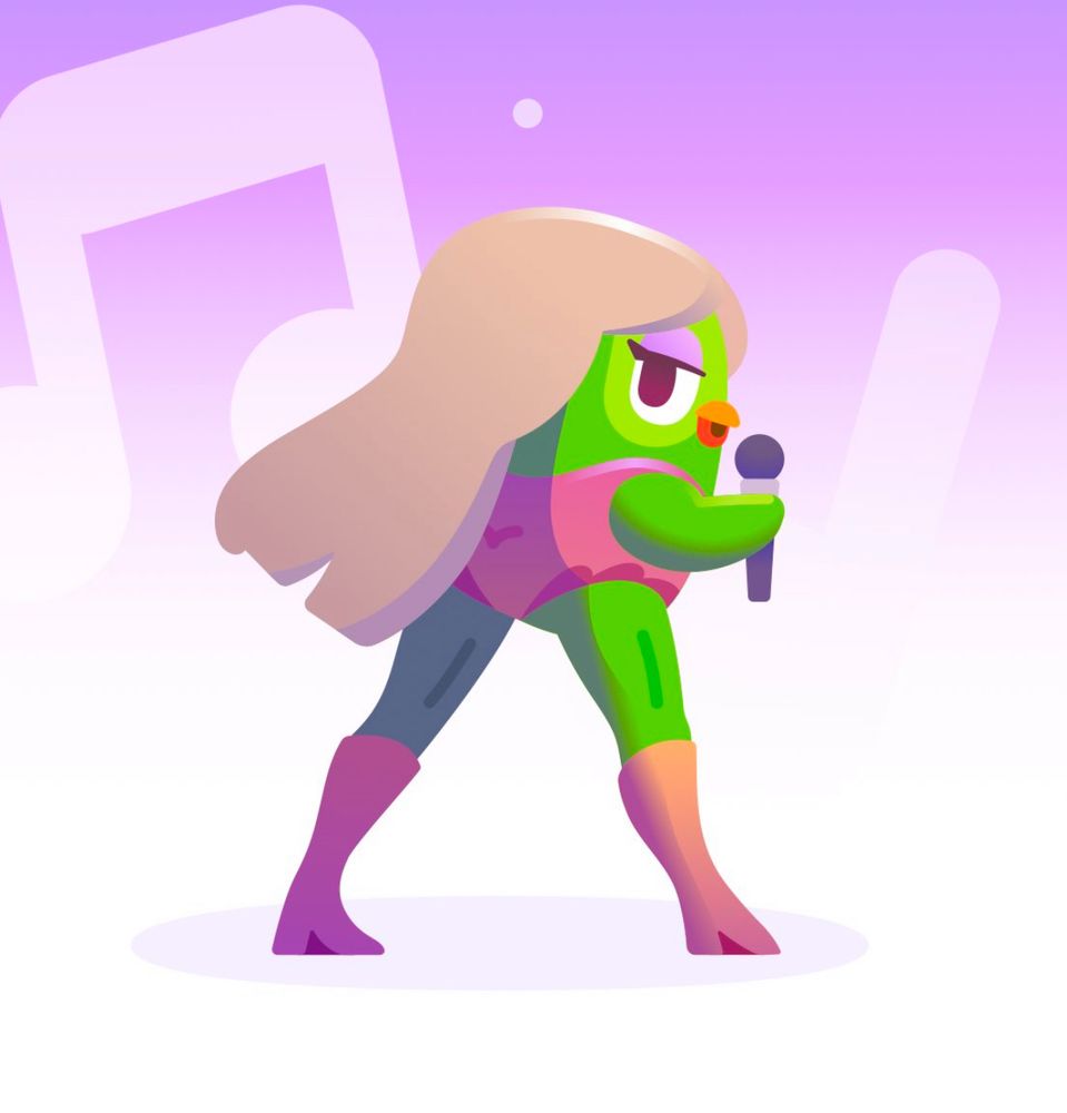 Duolingo bird dressed as Taylor Swift in her Eras Tour pink bodysuit.