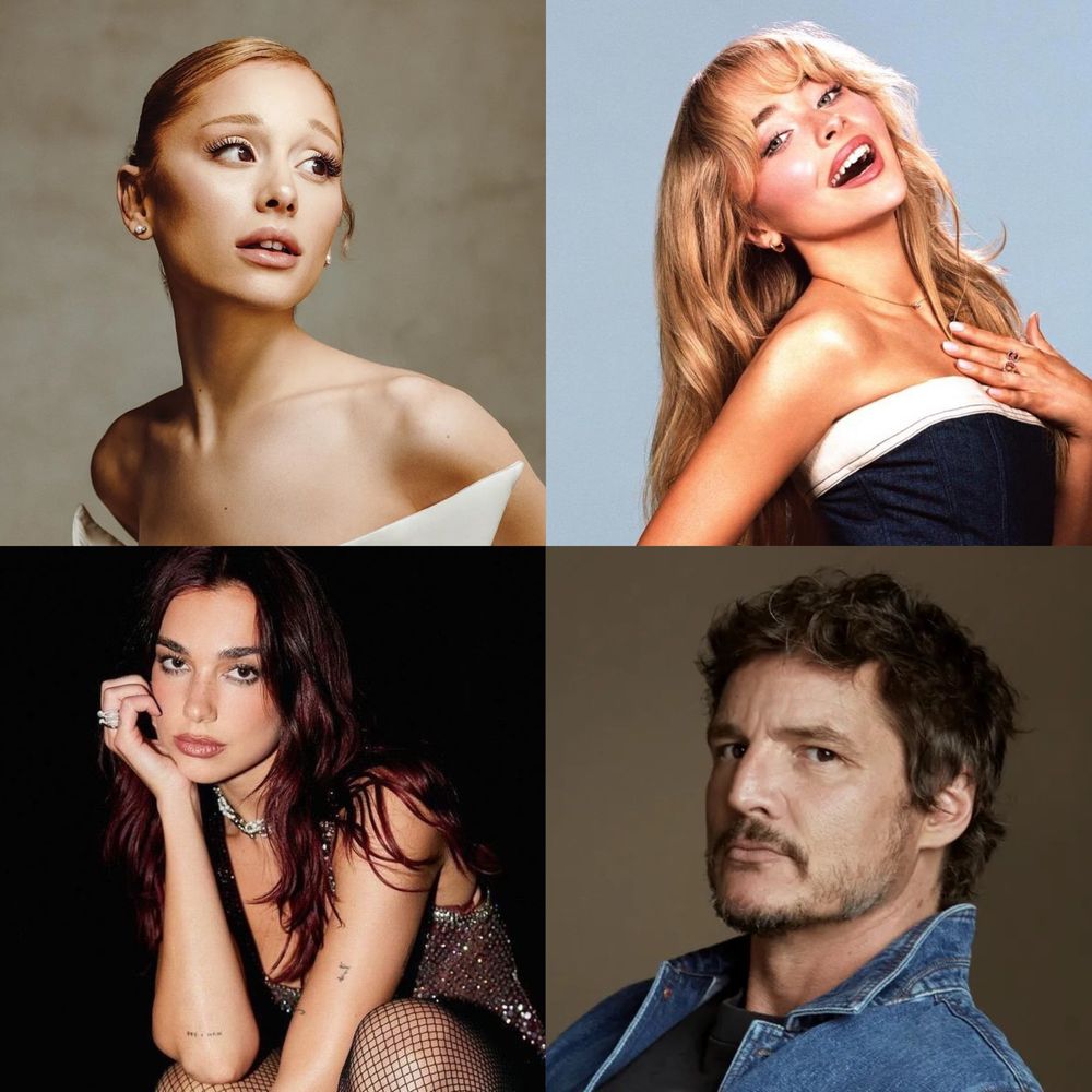 Collage of Ariana Grande (top left), Dua Lipa (bottom left), Sabrina Carpenter (top right), Pedro Pascal (bottom right).