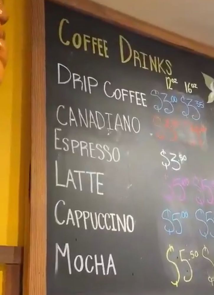 Coffee menu highlighting ‘Canadiano’ in place of ‘Americano.’