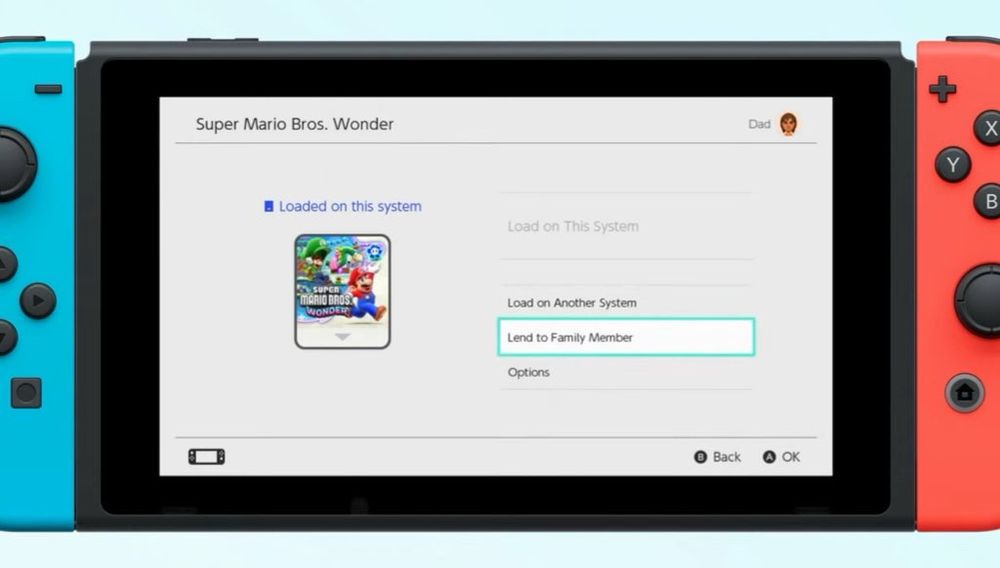 Nintendo Switch UI that displays new functions such as “Lend (game to) Another System” and “Lend (game) to Family Member.”