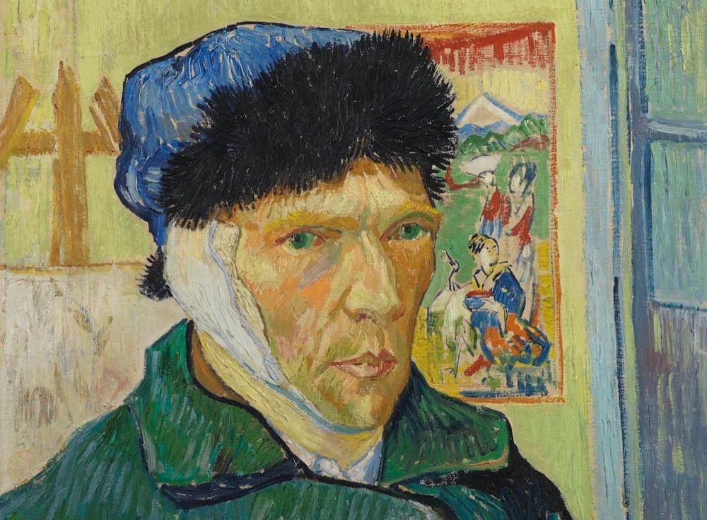 Painting of Van Gogh with his ear area bandaged. 