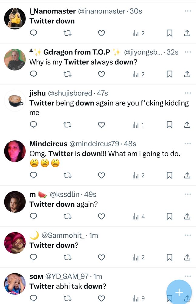 Screenshot of Twitter/X users complaining about the app being down, again.