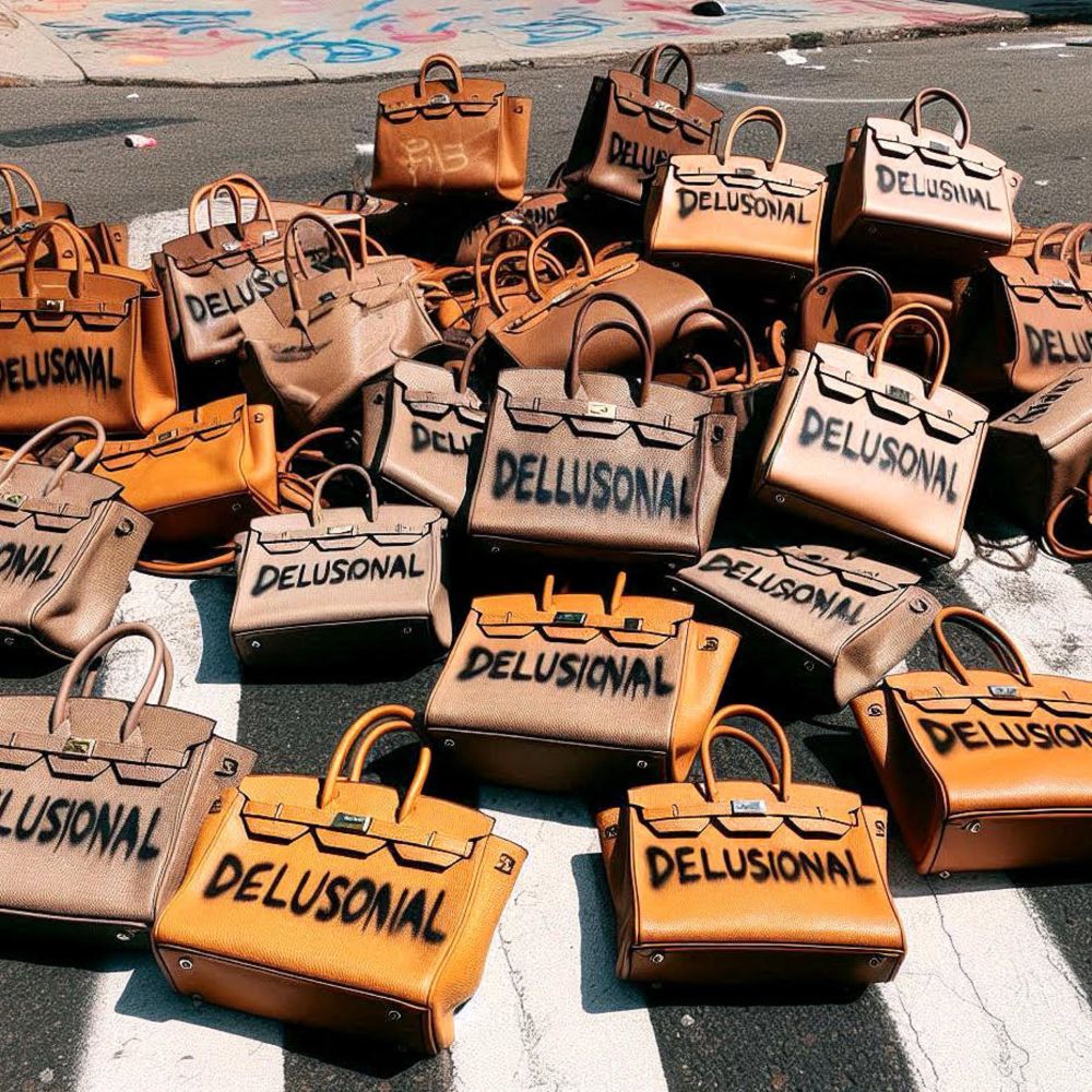 Cover art for Kesha’s new single ‘DELUSIONAL’ which consists of several bags splattered on a street with the title spray-painted on them. 

