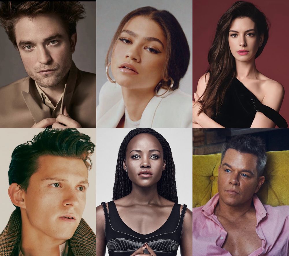 Photo collage of Robert Pattinson, Zendaya, Anne Hathaway, Tom Holland, Lupita Nyong’o and Matt Damon.