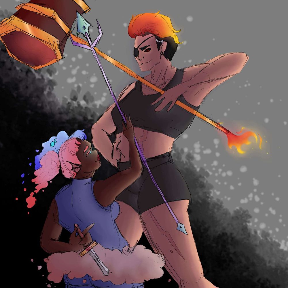 A fire elemental combat teacher and a water elemeny dance teacher having a little moment sparing. You can tell they have chemistry. 