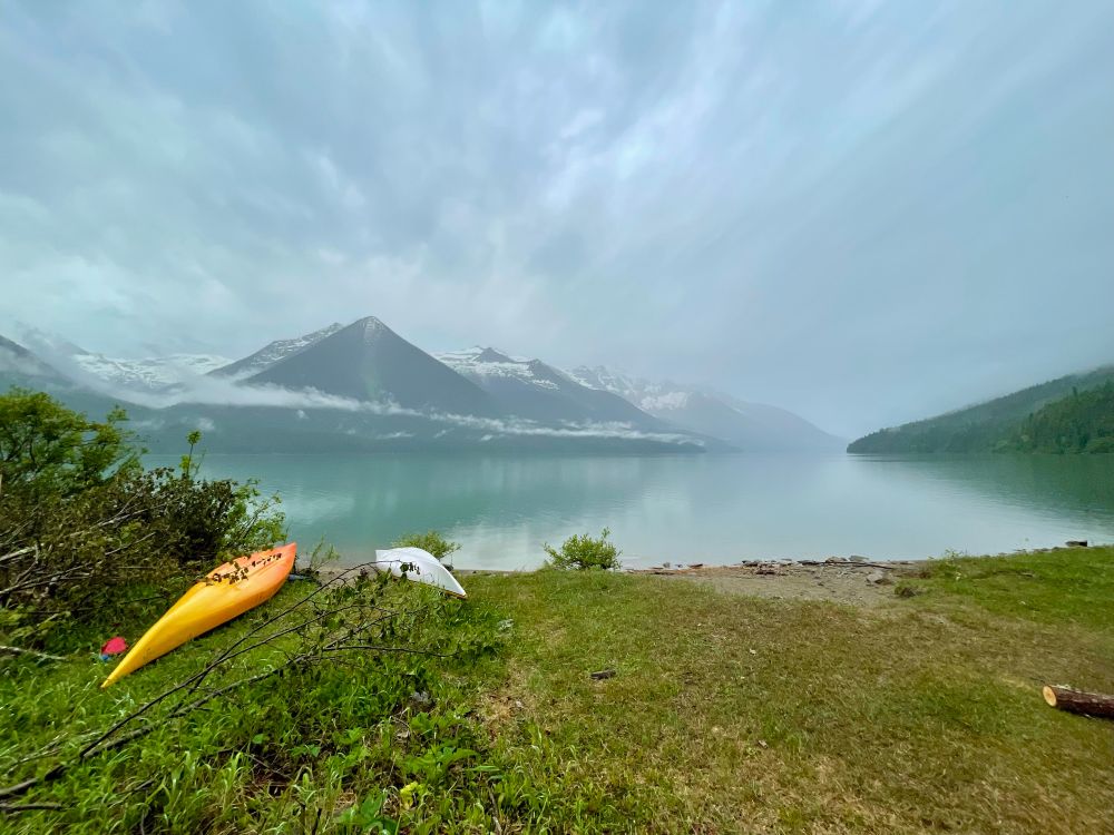 Misty morning on Lanezi Lake. Getting ready to put kayaks in the water