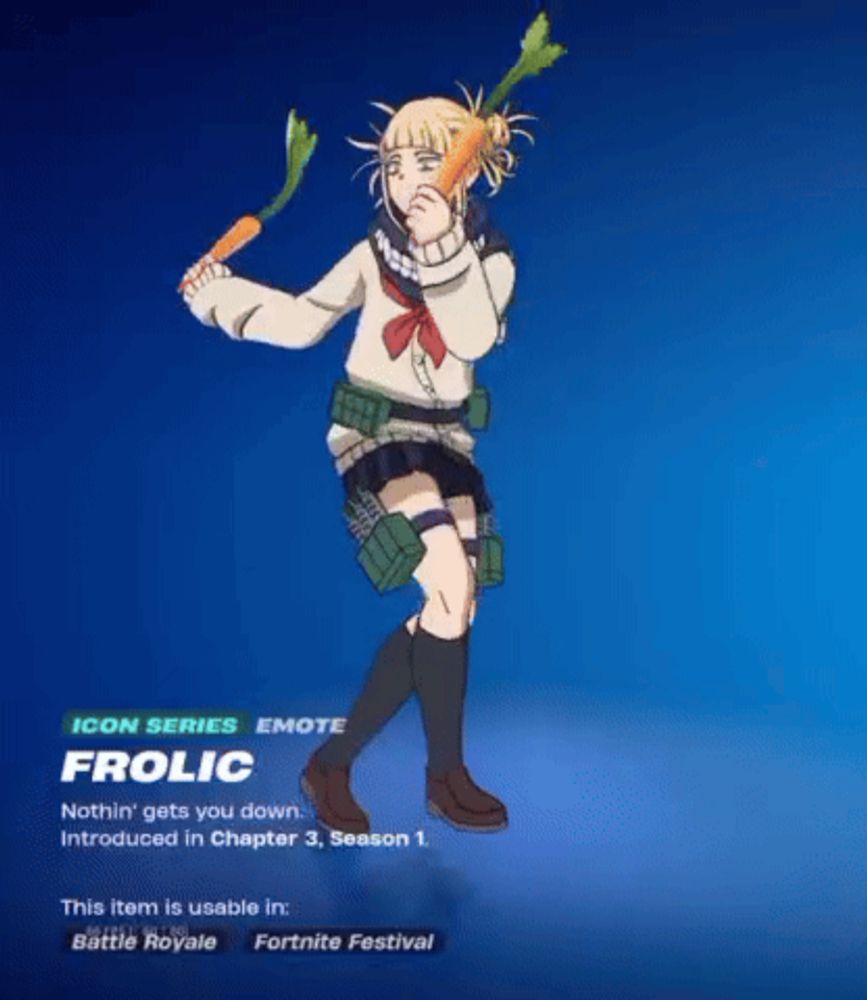 a girl is holding a carrot in her hand and has the word frolic on the bottom