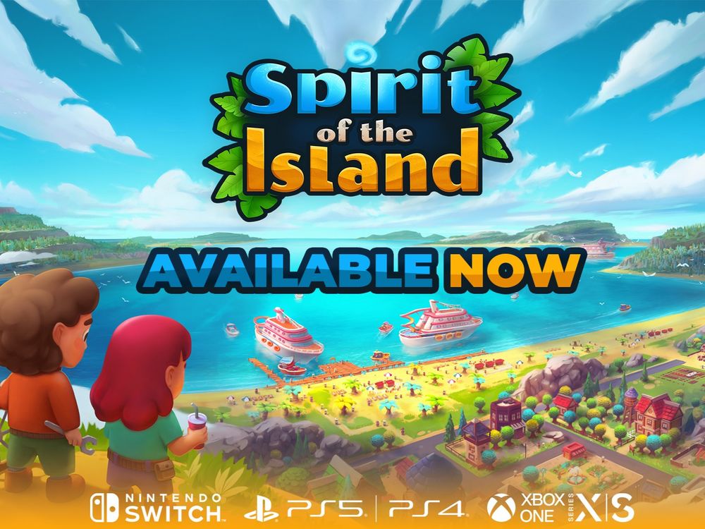 It is an image of game logo and chacracters from Spirit of the Island with console platform logos and the text that says "Available Now"

For Context: Spirit of the Island is Available Now since October 19th 2023, on all the consoles platforms that is Nintendo Switch, PlayStation 4, PlayStation 5, Xbox Series and Xbox One.