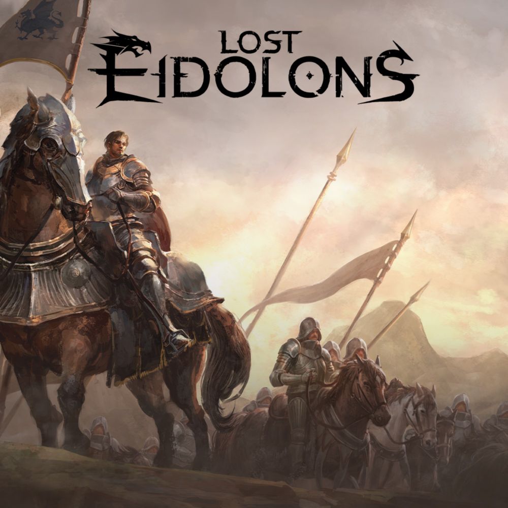 Image of a soldier on a horse in a battlefield with the Logo text "Lost Eidolons"