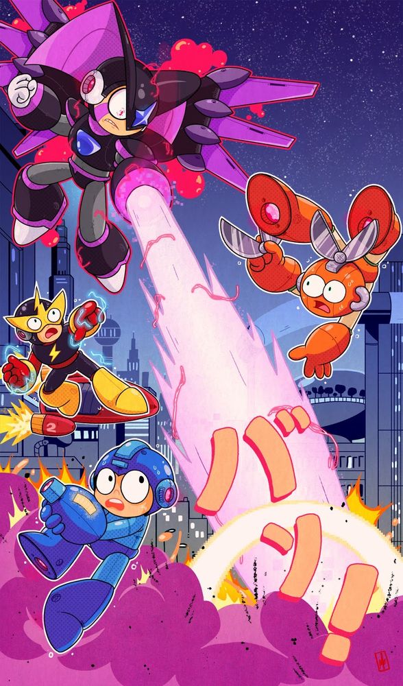 Mega Man, Cut Man, and Elec Man just getting blasted by Bass. Super Bass? Treble Adaptor Bass? Did that form even have a name?