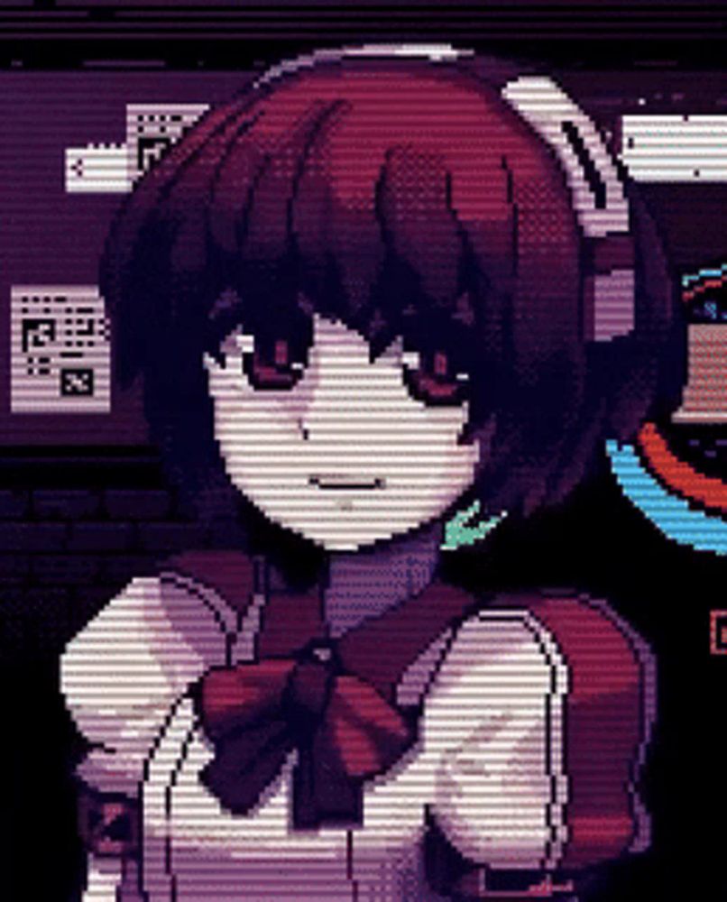 a pixel art of a girl wearing headphones and a bow