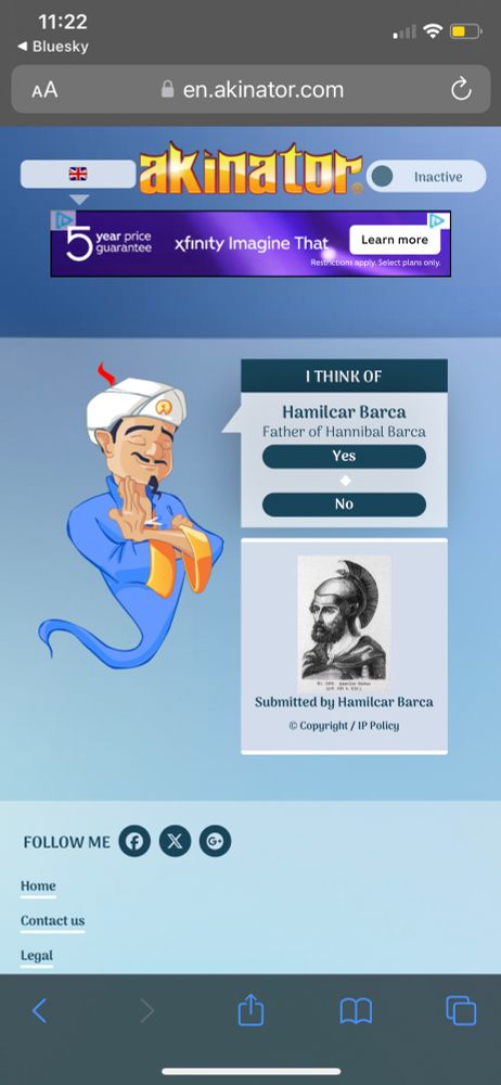 Screenshot showing that this website properly deduced that I was thinking of Hamilcar Barca. It took like 25 yes or no questions to nail it down.