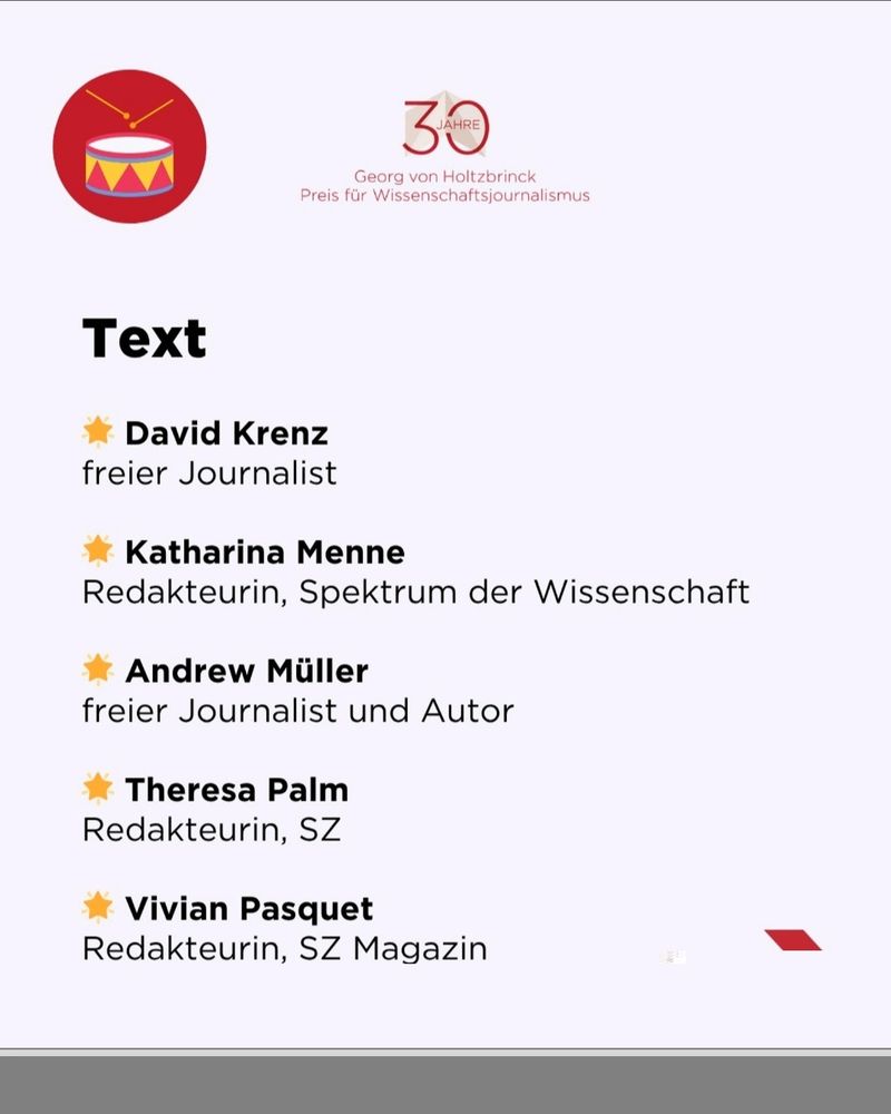 Shortlist des Holtzbrinck-Preises in der Kategorie Text, aufgelistet sind David Krenz, Katharina Menne, Andrew Müller, Theresa Palm und Vivian Pasquet. 