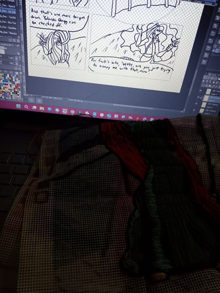 Needlepoint project with a little more sky filled in. Behind that: laptop screen with a couple of comic panels. In the first, Yvette (long streaked hair, straight), twirls a gun casually around her finger and says: "And that's one more target down. Yolanda Quigg can be checked off." (Of note: the target's name is Yadira). Next panel, Yvette's sister Ivy (really big, wavy hair) stands there, exasperated, and says, "For fuck's sake, 'Vette, are you just trying to annoy me with that, now?"