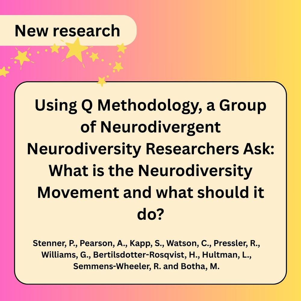 1. Pink to yellow fade background. Small beige text box reads ‘New Research’ with yellow stars below. Main beige text box reads: Using Q Methodology, a Group of Neurodivergent Neurodiversity Researchers Ask: What is the Neurodiversity Movement and what should it do? Stenner, P., Pearson, A., Kapp, S., Watson, C., Pressler, R., Williams, G., Bertilsdotter-Rosqvist, H., Hultman, L., Semmens-Wheeler, R. and Botha, M.