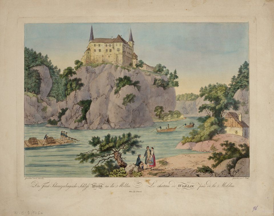Lorenz Janscha (1749–1812),
Das Fürst Schwarzenbergische Schloss Worlik an der Moldau.
Le château de Worlik prés de la Moldau, kolorovaný lept, 345 x 455 mm