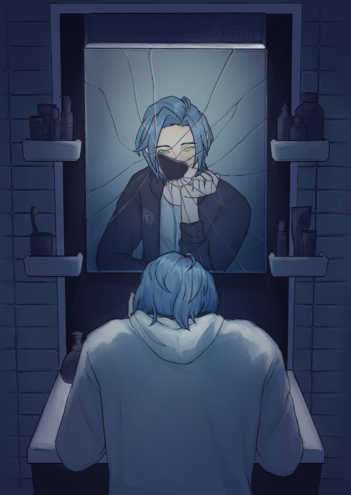 fanart of HiMERU and Kaname Tojo from Ensemble Stars. HiMERU is standing in front of the cracked bathroom mirror, leaning over a sink with his back to the viewer. He is wearing the Crazy:B Practice uniform. The mirror reflects Kaname, watching over HiMERU with his head resting in his hand. He is wearing the Reimei Academy Jersey. Part of his face is obscured by the cracks in the mirror