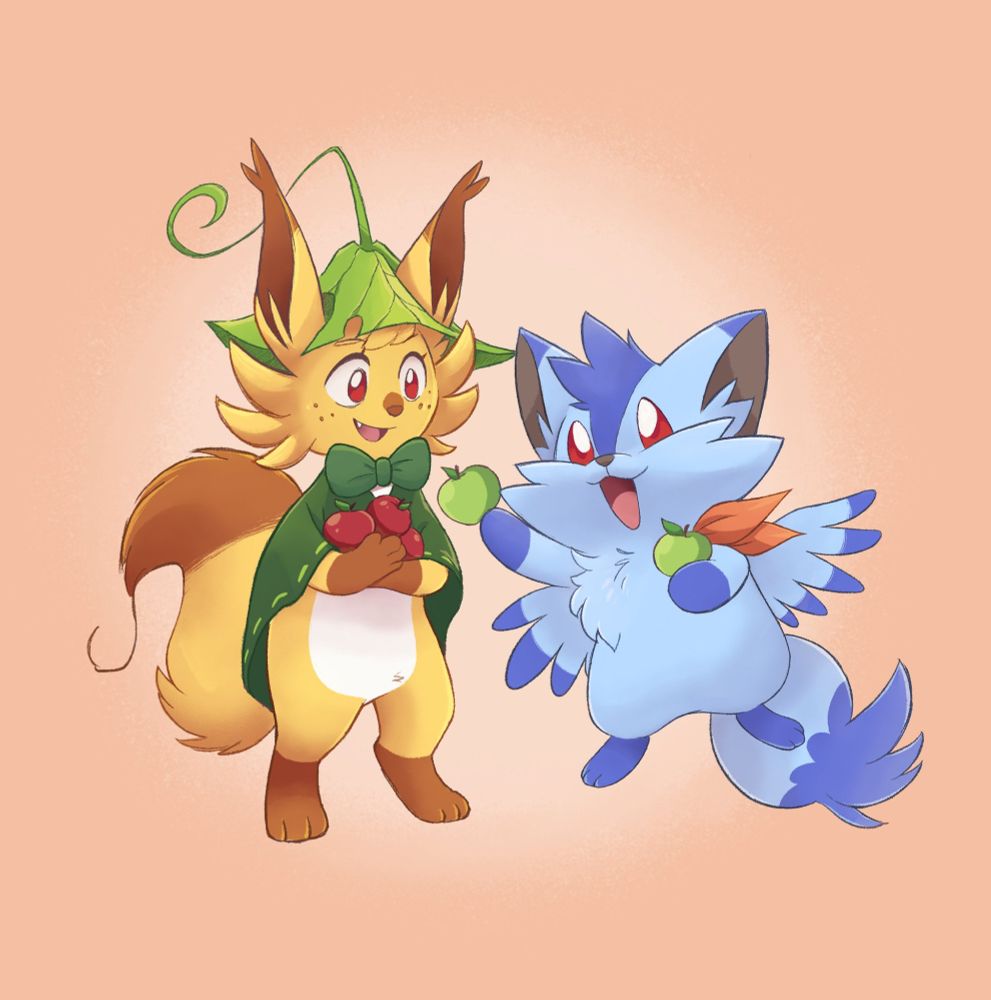 Art of Raya and Yfa from Yokoka's Quest. Raya is standing, holding some red apples in her arms, while Yfa is flying just above the ground, holding a green apple in each hand.