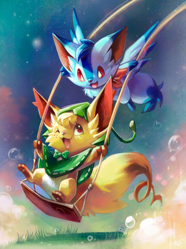 Art of Raya and Yfa from Yokoka's Quest. Raya is sitting on a swing and holding onto the ropes, while looking up to her brother Yfa, who is also holding onto the ropes while flying to push the swing from above.