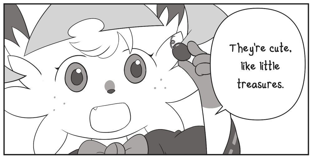 Art of Raya from Yokoka's Quest, holding a grape up near her eye, and looking at it fondly, saying "They're cute, like little treasures". It is based on a panel from the Yotsuba manga.