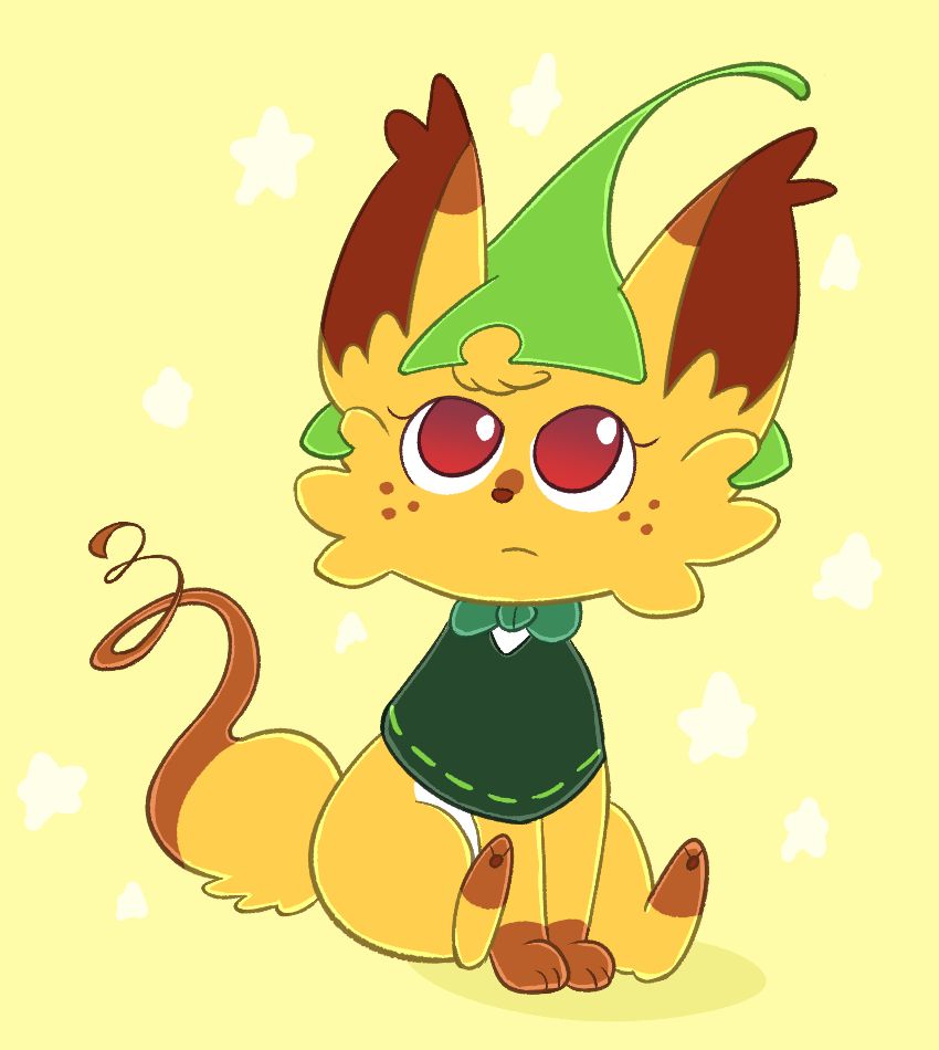 Art of Raya from Yokoka's Quest, sat with her forepaws on the ground between her legs, looking upwards with very big eyes.