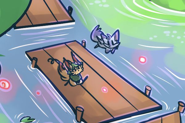 A panel from Yokoka's Quest chapter 4 page 43.
Raya is walking across a wooden platform above the surface of the swamp water, and Yfa is flying a little higher. A few wisps float nearby.