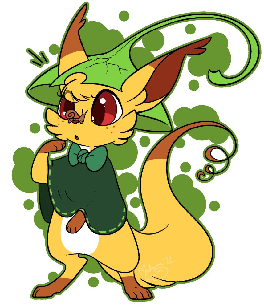 Art of Raya from Yokoka's Quest, with one paw reaching up towards her face, and looking at a snail which is perched on her nose.