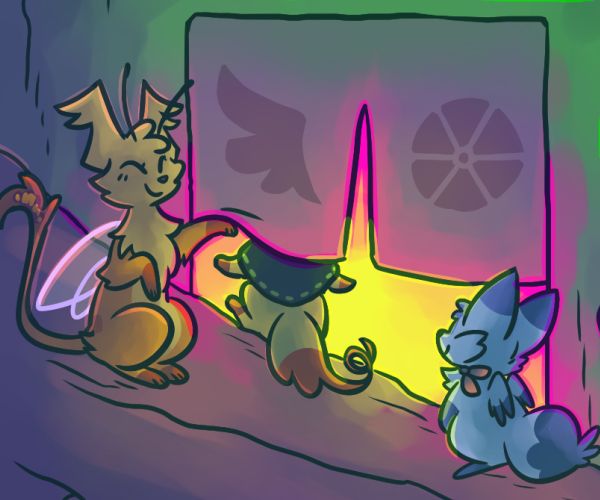 A panel from Yokoka's Quest chapter 11 page 37.
Bae is stood beside the entrance to her family's inn, with her paw slightly raising the bottom of a noren curtain featuring a wing and fruit logo, while Yfa is at the other side looking in. Behind the curtain is Raya with her head obscured by the curtain, having just walked into the inn.