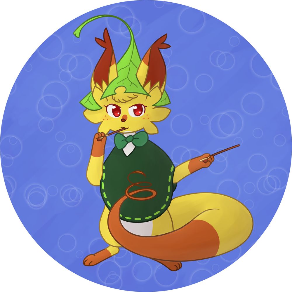 Art of Raya from Yokoka's Quest, nibbling on a pocky stick (long thin biscuit coated in chocolate aside from a small "handle" area at the bottom) with one paw, and holding out a pocky stick to her side with the other paw. Her tail is wrapped around in front of her.