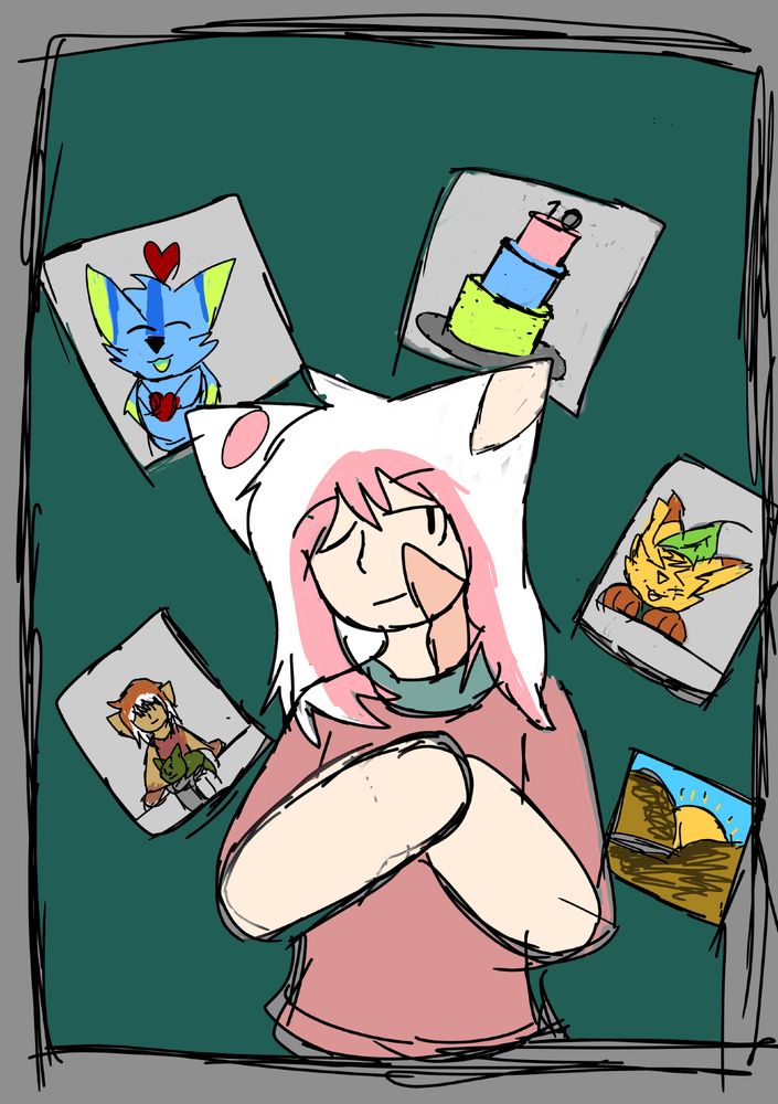 Art of Yokoka, Yfa, Azha, Misha, and Raya from Yokoka's Quest. Yokoka is in the centre bolding both of her hands to her chest, surrounded by a number of smaller pictures. In the top-left Yfa is holding a heart and has another heart over his head. In the top-right is a three-tiered cake with the 10 decoration on top. In the middle-right Raya is making an XD type of expression. In the bottom-left Misha is sat on Azha's lap. In the bottom-right is the sun showing behind the golden mountains.