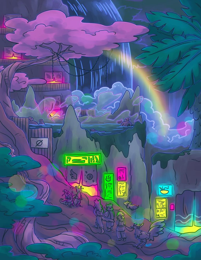 Concept art of Yfa's family inn from Yokoka's Quest.
The main building of the inn is a hollowed out stump, adjacent to a branch of the Tree of Life that serves as a walkway. The entrance has a noren curtain featuring a wing and fruit logo, and a number of glowing signs above and beside it. The top of the stomp is the hot spring, which has a few people in the water. A waterfall is flowing down behind, and a rainbow is visible from its mist. A few further floors of the inn are located above the hot spring, with noren curtains featuring a wing and fruit logo leading to balconies. Beside the inn is a restaurant, with a noren curtain with a wavy pattern at the entrance, and glowing signs with food images by it.
Raya and Bae are stood in front of the inn's entrance, and are welcoming the group of Yokoka, Grace, Azha, Yfa, and Chirpy.
